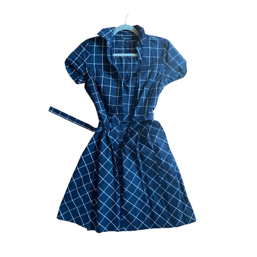 Navy blue and white check brooks brothers A-line dress with belt and collar